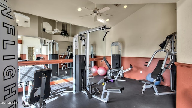 5335 E Shea Blvd Unit 1094, Scottsdale, AZ 85254 - workout room featuring a ceiling fan, lofted ceiling, and recessed lighting