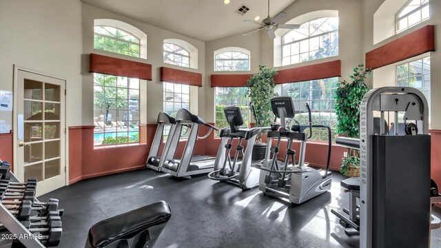 5335 E Shea Blvd Unit 1094, Scottsdale, AZ 85254 - workout area with a ceiling fan, a towering ceiling, and baseboards