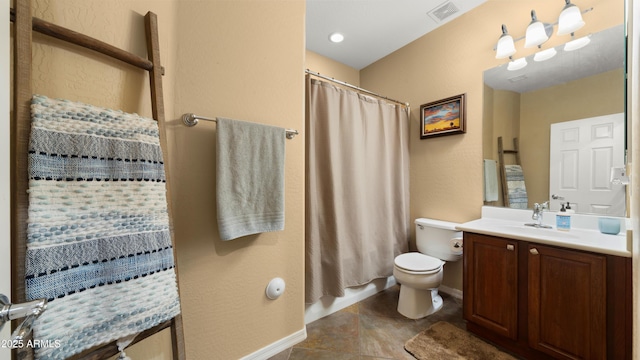 bathroom with toilet, visible vents, curtained shower, and vanity