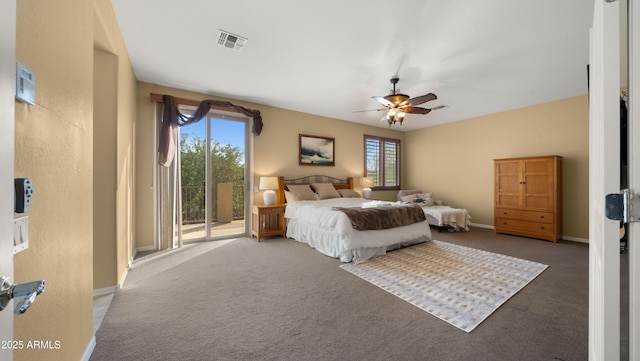 carpeted bedroom with baseboards, access to outside, ceiling fan, and visible vents