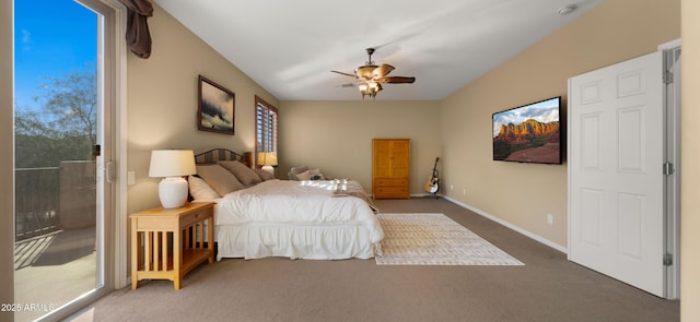 carpeted bedroom with baseboards, ceiling fan, and access to exterior