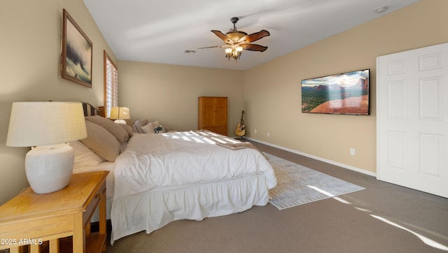 bedroom featuring carpet flooring, a ceiling fan, baseboards, and visible vents