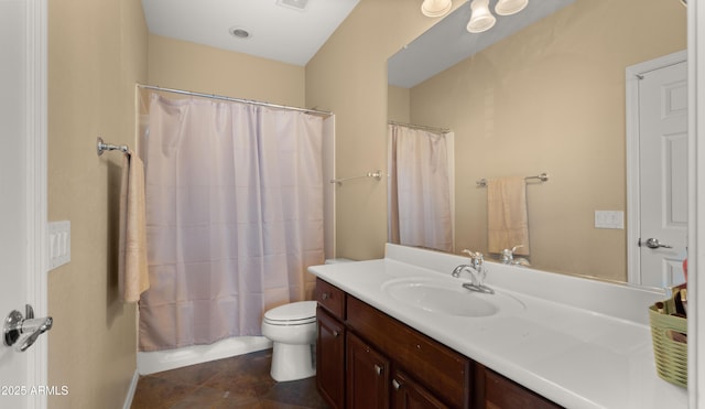 full bathroom with vanity, tile patterned floors, toilet, and visible vents