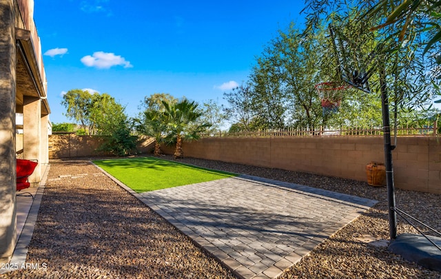 view of yard featuring a patio and a fenced backyard