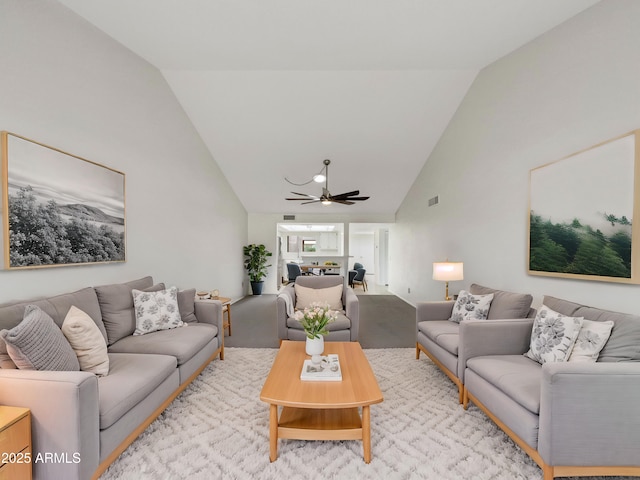 living room featuring high vaulted ceiling, ceiling fan, and visible vents