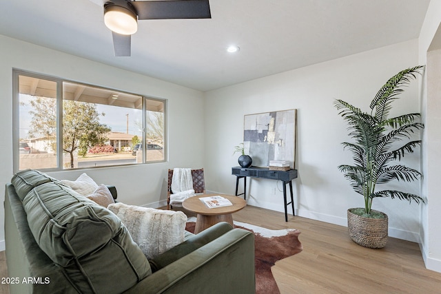 living room with ceiling fan and light hardwood / wood-style floors