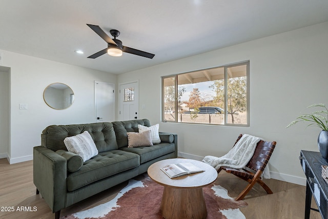 living room featuring ceiling fan and light wood-type flooring