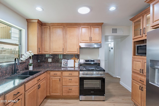 kitchen featuring sink, stainless steel appliances, decorative backsplash, dark stone counters, and light wood-type flooring