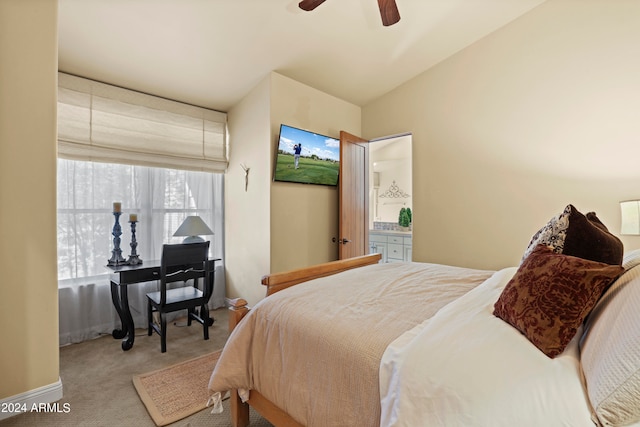 carpeted bedroom featuring ceiling fan and lofted ceiling