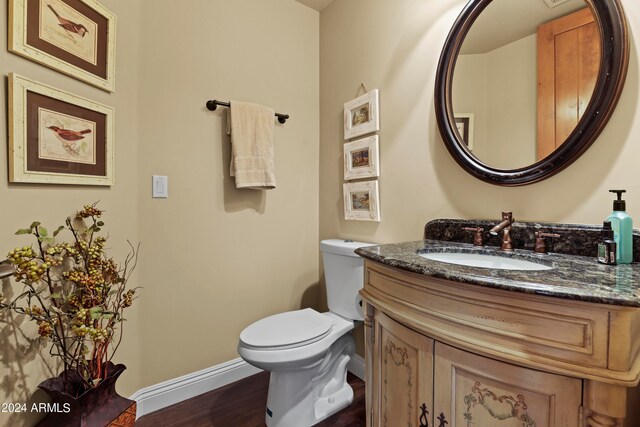 bathroom featuring vanity, wood-type flooring, and toilet