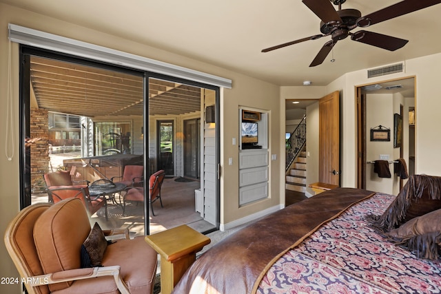 carpeted bedroom with access to exterior and ceiling fan