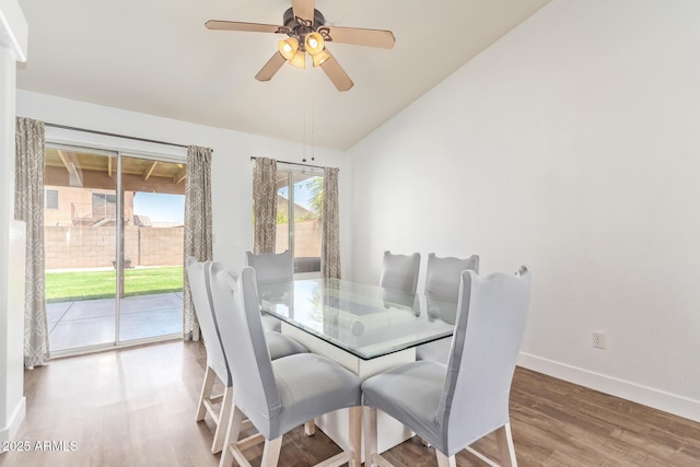 764 E Shannon St, Chandler, AZ 85225 - dining room featuring lofted ceiling, wood finished floors, baseboards, and ceiling fan