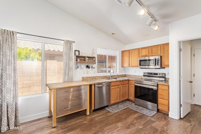 764 E Shannon St, Chandler, AZ 85225 - kitchen featuring stainless steel appliances, a sink, lofted ceiling, dark wood-style floors, and open shelves