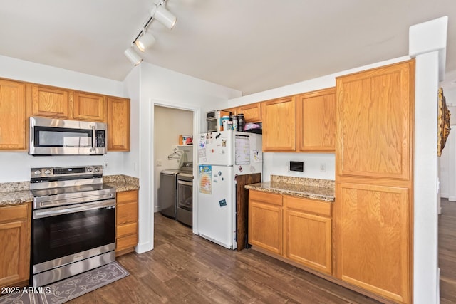 764 E Shannon St, Chandler, AZ 85225 - kitchen featuring appliances with stainless steel finishes, separate washer and dryer, dark wood-style floors, light stone countertops, and track lighting
