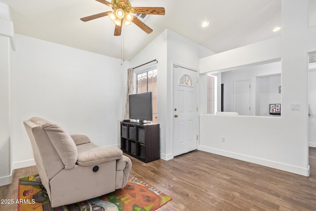 764 E Shannon St, Chandler, AZ 85225 - living area with ceiling fan, baseboards, wood finished floors, recessed lighting, and lofted ceiling