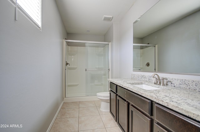 full bathroom with visible vents, toilet, tile patterned floors, vanity, and a shower stall