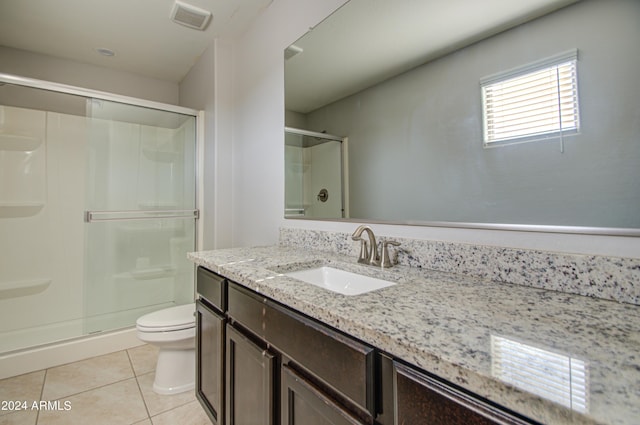 full bathroom featuring visible vents, toilet, tile patterned floors, vanity, and a shower stall