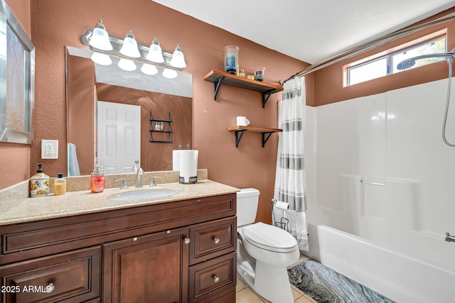 37508 N 12th St, Phoenix, AZ 85086 - full bathroom featuring a textured wall, tile patterned flooring, toilet, vanity, and shower / bath combination with curtain
