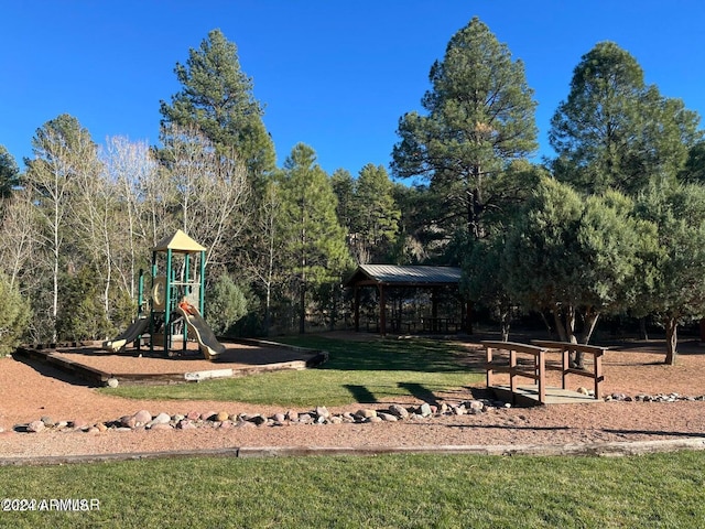 view of jungle gym with a gazebo and a yard