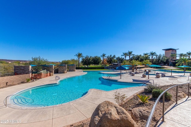 view of swimming pool with a patio area