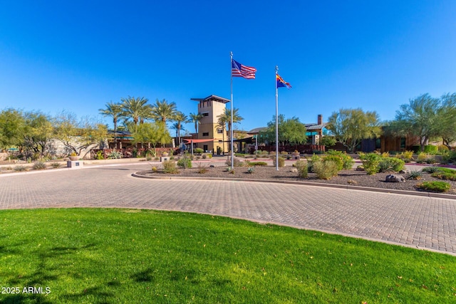 view of play area featuring a lawn