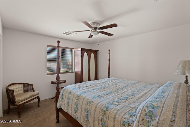 bedroom with ceiling fan and carpet