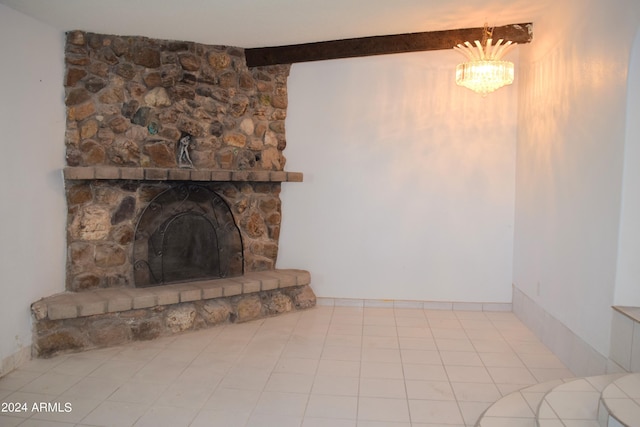 unfurnished living room featuring beamed ceiling, light tile patterned flooring, a stone fireplace, and a notable chandelier