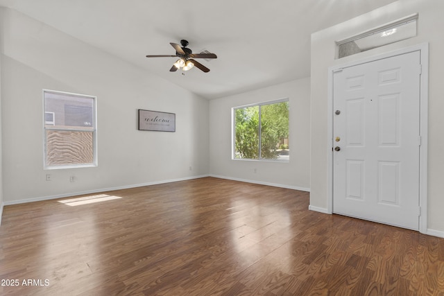 10727 E El Moro Ave, Mesa, AZ 85208 - entryway featuring lofted ceiling, a ceiling fan, and wood finished floors