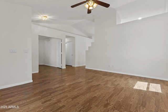 10727 E El Moro Ave, Mesa, AZ 85208 - empty room with a ceiling fan, lofted ceiling, and wood finished floors