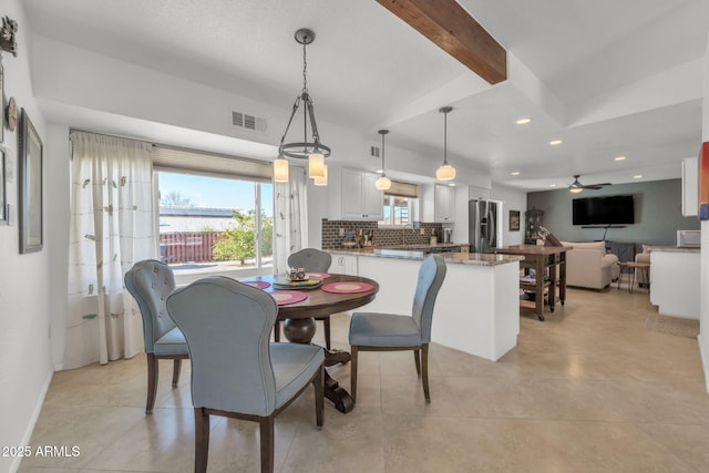 dining room with recessed lighting, visible vents, a ceiling fan, beamed ceiling, and baseboards