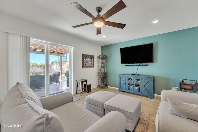 carpeted living room featuring a ceiling fan, recessed lighting, and baseboards