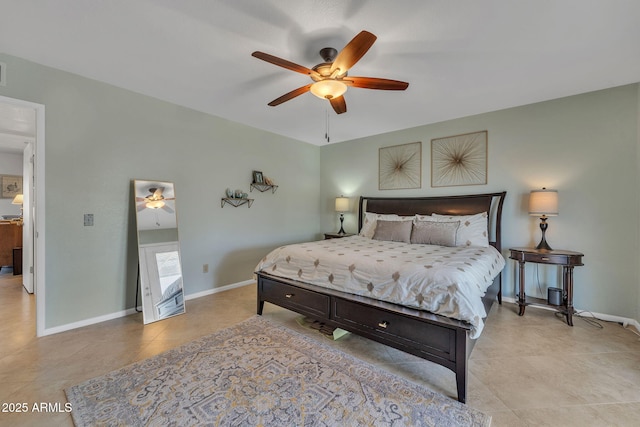 bedroom with ceiling fan, visible vents, baseboards, and light tile patterned flooring