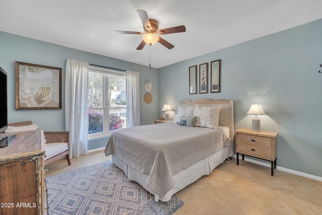 bedroom featuring ceiling fan and baseboards