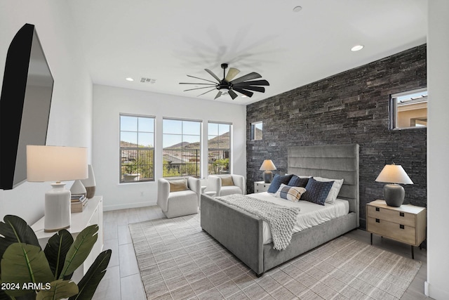 bedroom with visible vents, baseboards, ceiling fan, light wood-type flooring, and recessed lighting