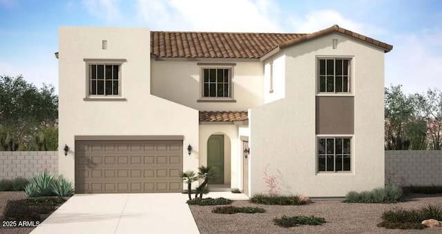 mediterranean / spanish-style home featuring a tiled roof, a garage, fence, and concrete driveway