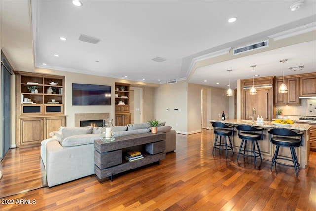 living room with dark hardwood / wood-style floors, ornamental molding, and sink