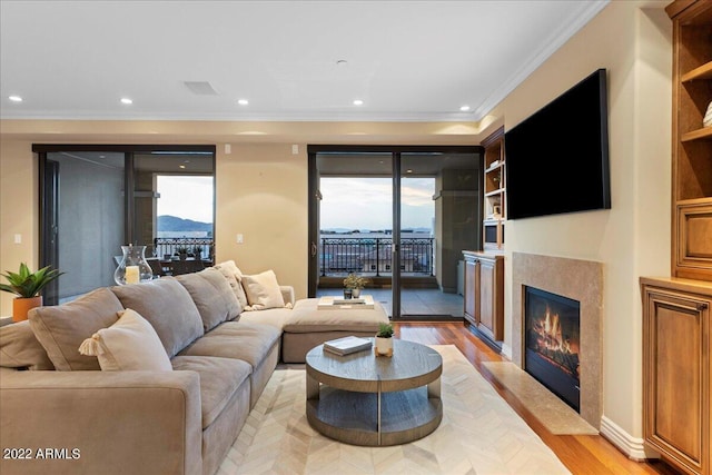 living room featuring crown molding, a fireplace, and light hardwood / wood-style flooring