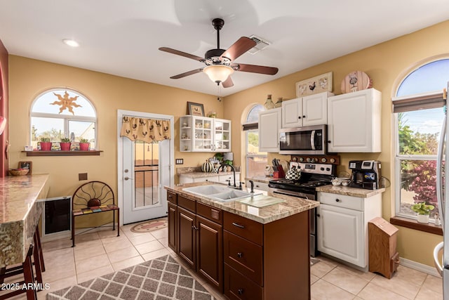 kitchen with a sink, white cabinetry, appliances with stainless steel finishes, and a wealth of natural light