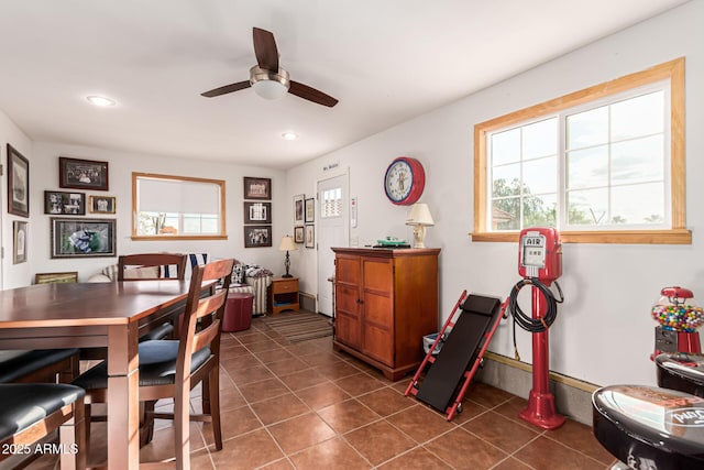 dining area featuring plenty of natural light, recessed lighting, and ceiling fan