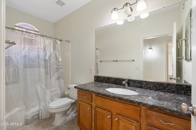 bathroom with visible vents, toilet, tile patterned flooring, shower / bath combination with curtain, and vanity