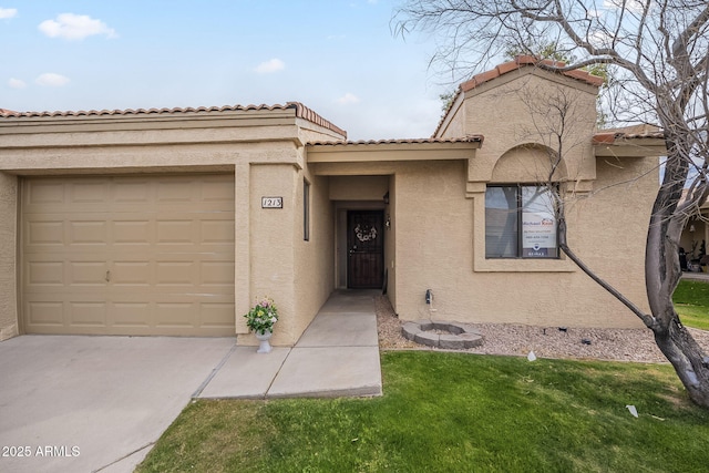 mediterranean / spanish-style house with a garage, concrete driveway, a tile roof, and stucco siding