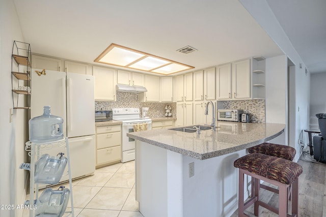 kitchen with white appliances, visible vents, a peninsula, under cabinet range hood, and a sink