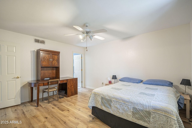 bedroom featuring ceiling fan, light wood-type flooring, visible vents, and baseboards