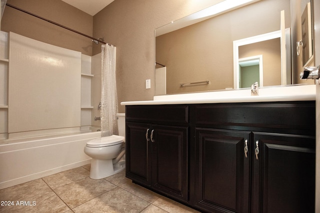 full bathroom featuring vanity, shower / tub combo, tile patterned floors, and toilet