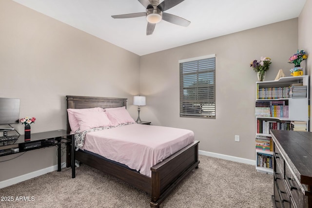 bedroom with carpet, ceiling fan, and baseboards