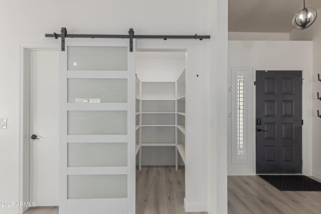 interior space featuring a barn door and light hardwood / wood-style flooring