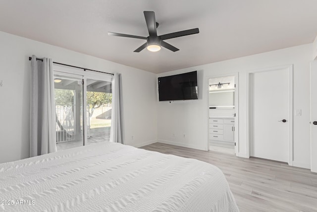 unfurnished bedroom with ceiling fan, access to exterior, ensuite bath, and light hardwood / wood-style flooring