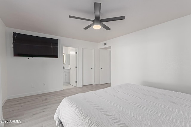 bedroom with light hardwood / wood-style floors, ceiling fan, and ensuite bathroom