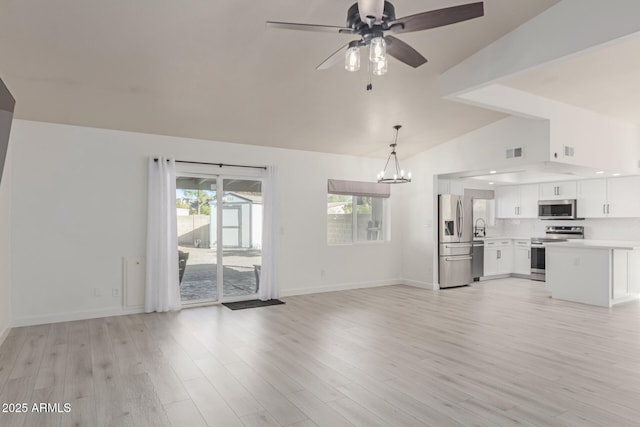 unfurnished living room featuring lofted ceiling, sink, ceiling fan with notable chandelier, and light hardwood / wood-style flooring