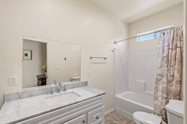 full bathroom featuring vanity, toilet, shower / bath combo with shower curtain, and tile patterned flooring